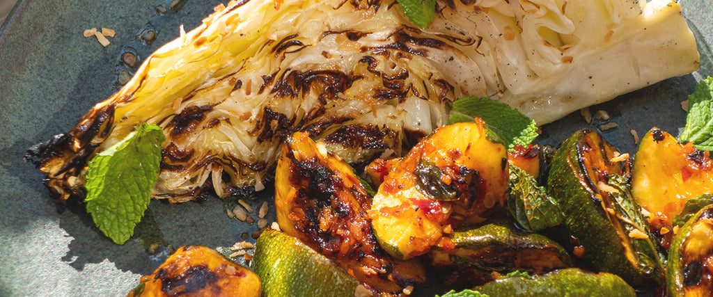 Food for your balcony: Grilled pointed cabbage & squash tossed in coconut sambal with mint