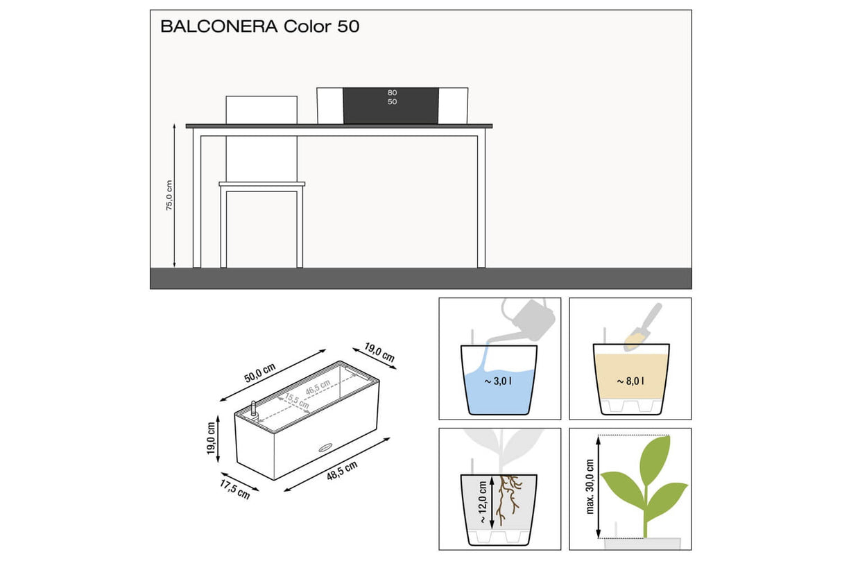 Balconera balcony flower box with self watering system 50 cm